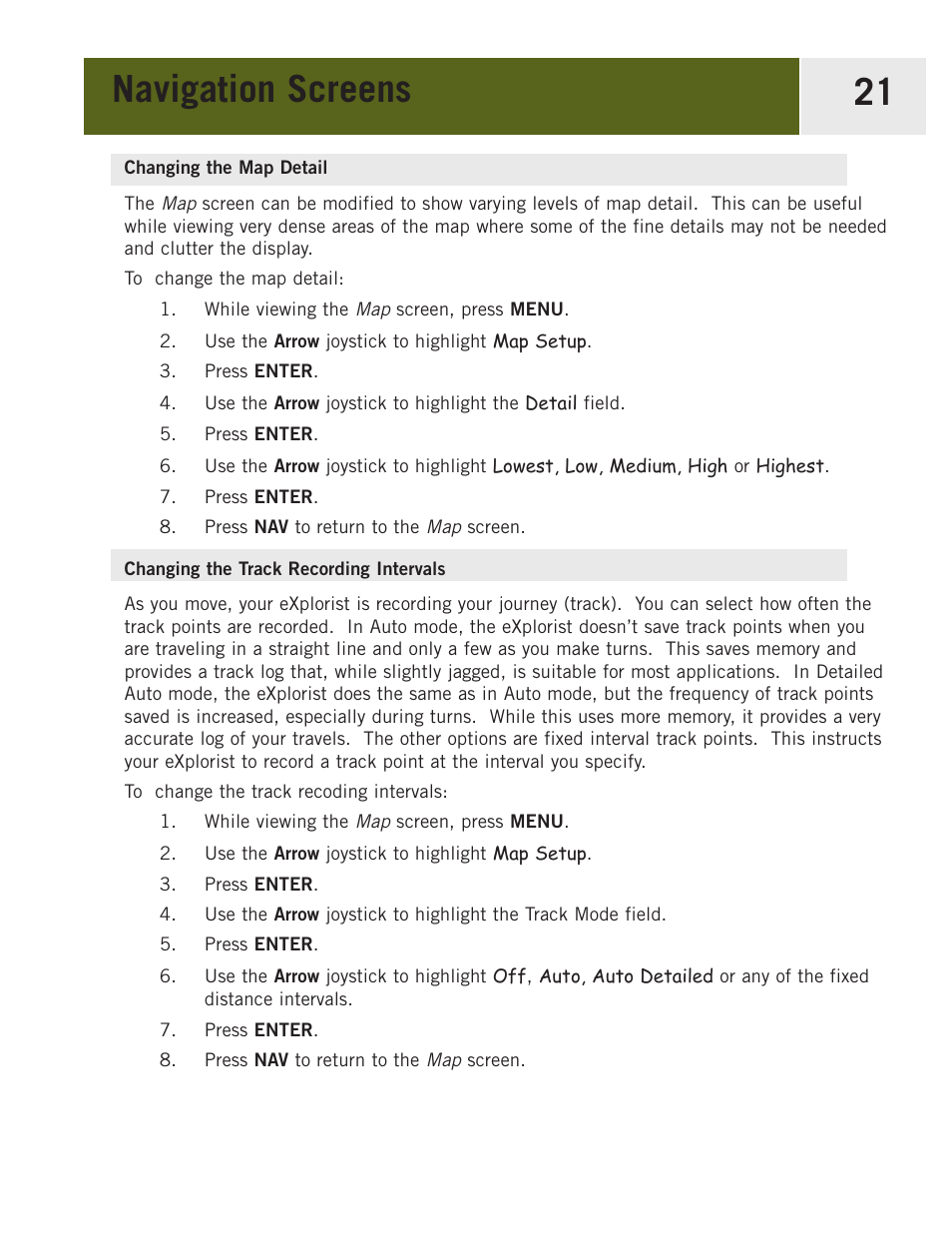 Changing the map detail, Changing the track recording intervals, Changing the track recording interval | Navigation screens 21 | Magellan eXplorist 400 User Manual | Page 28 / 119