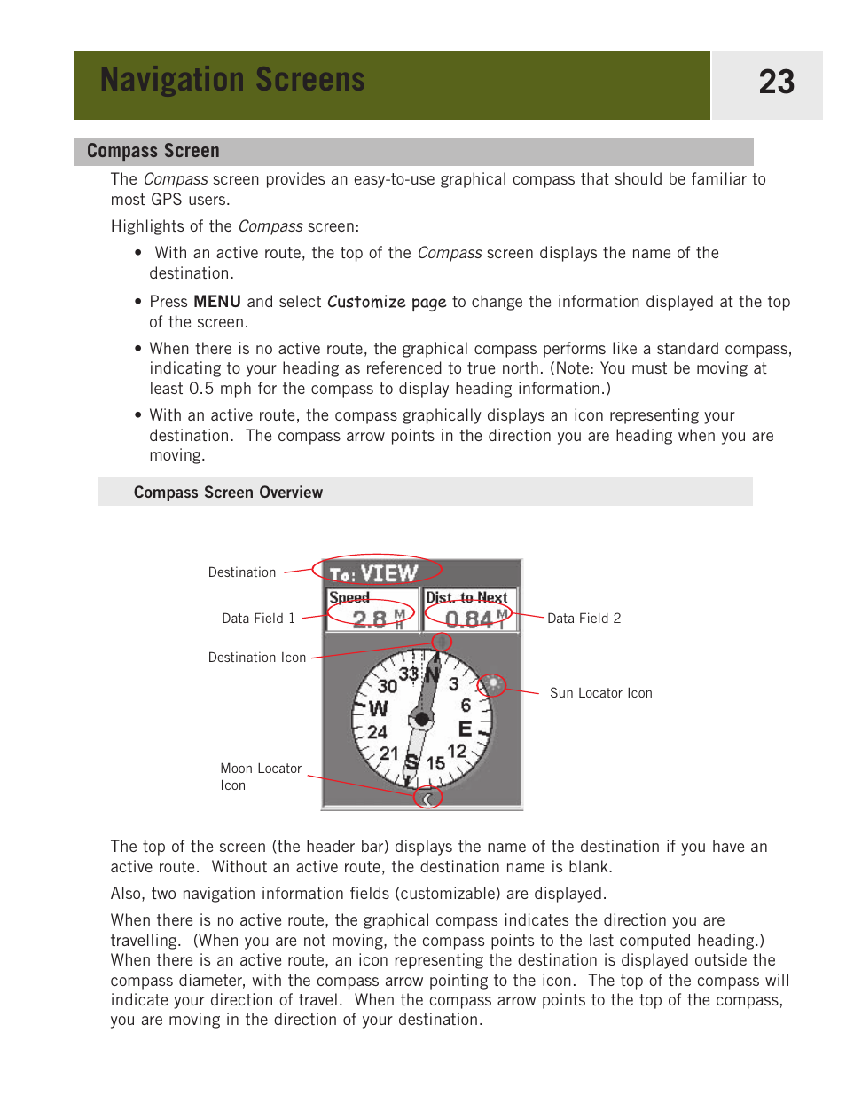 Compass screen, Compass screen overview, Navigation screens 23 | Magellan eXplorist 400 User Manual | Page 30 / 119