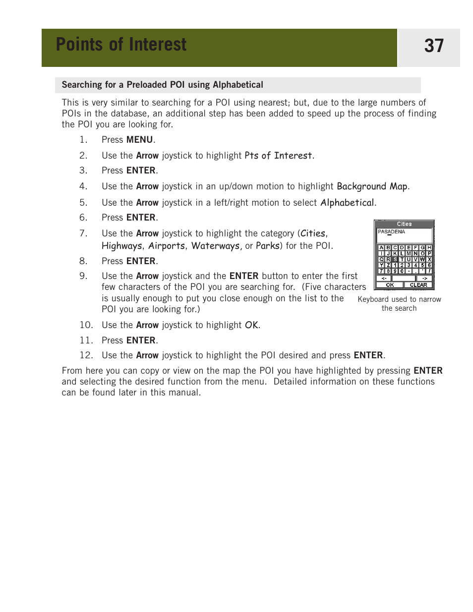 Searching for a preloaded poi using alphabetical, Points of interest 37 | Magellan eXplorist 400 User Manual | Page 44 / 119