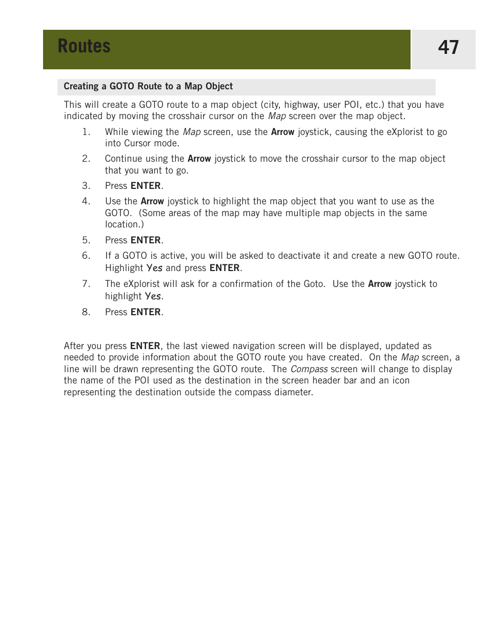 Creating a goto route to a map object, Routes 47 | Magellan eXplorist 400 User Manual | Page 54 / 119