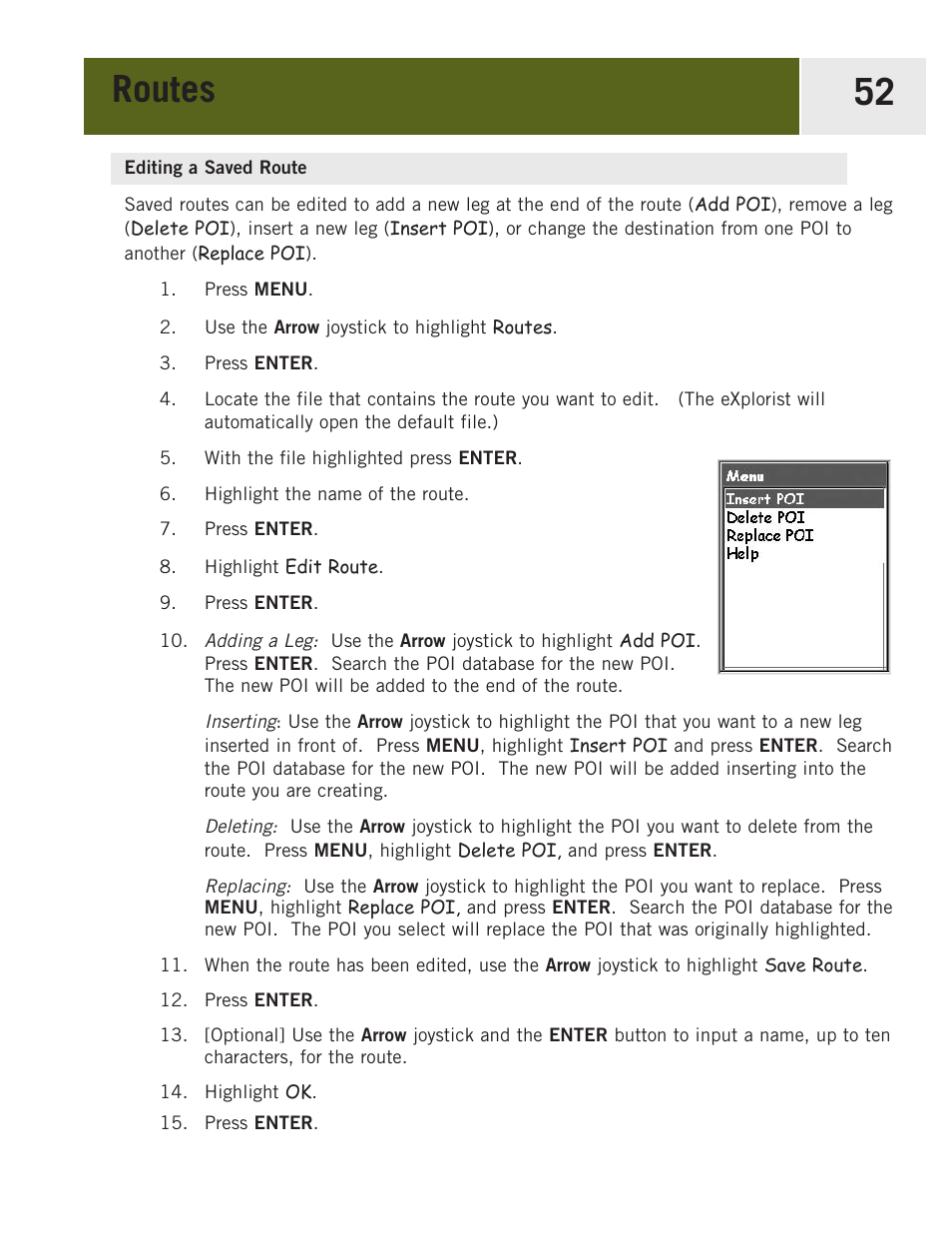 Editing a saved route, Routes 52 | Magellan eXplorist 400 User Manual | Page 59 / 119