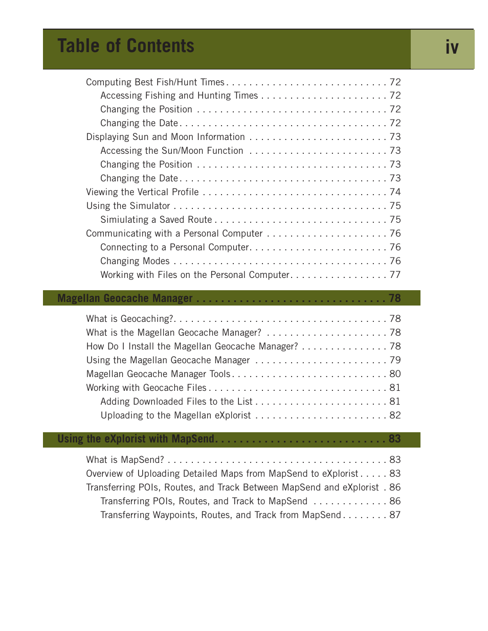 Table of contents iv | Magellan eXplorist 400 User Manual | Page 6 / 119