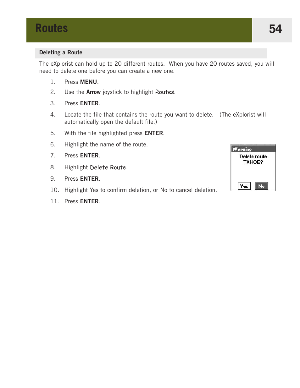 Deleting a route, Routes 54 | Magellan eXplorist 400 User Manual | Page 61 / 119