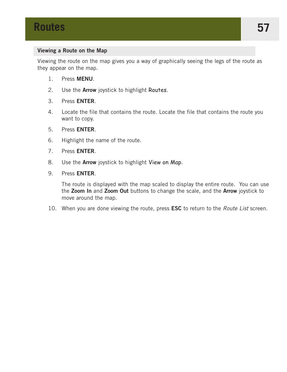 Viewing a route on the map, Routes 57 | Magellan eXplorist 400 User Manual | Page 64 / 119