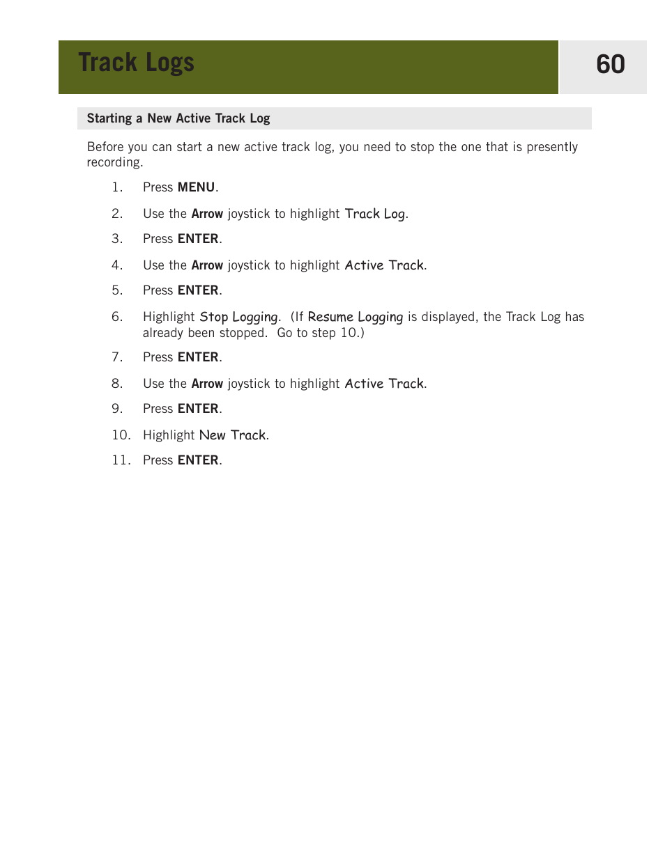 Starting a new active track log, Track logs 60 | Magellan eXplorist 400 User Manual | Page 67 / 119