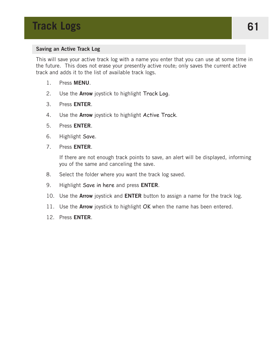 Saving an active track log, Track logs 61 | Magellan eXplorist 400 User Manual | Page 68 / 119