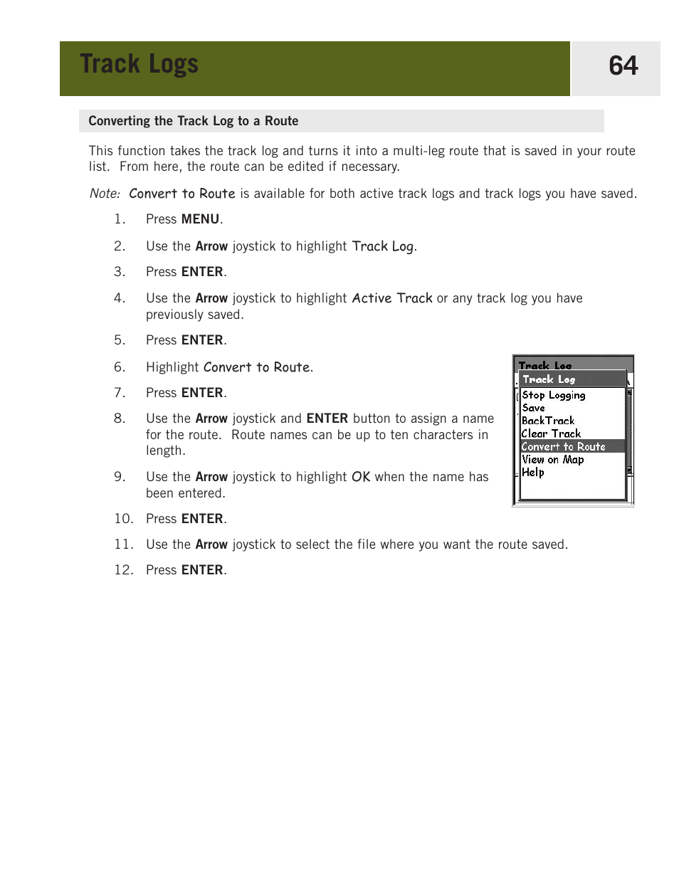 Converting the track log to a route, Track logs 64 | Magellan eXplorist 400 User Manual | Page 71 / 119