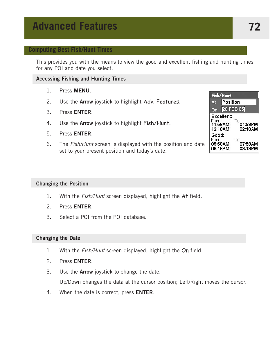 Computing best fish/hunt times, Accessing fishing and hunting times, Changing the position | Changing the date, Advanced features 72 | Magellan eXplorist 400 User Manual | Page 79 / 119