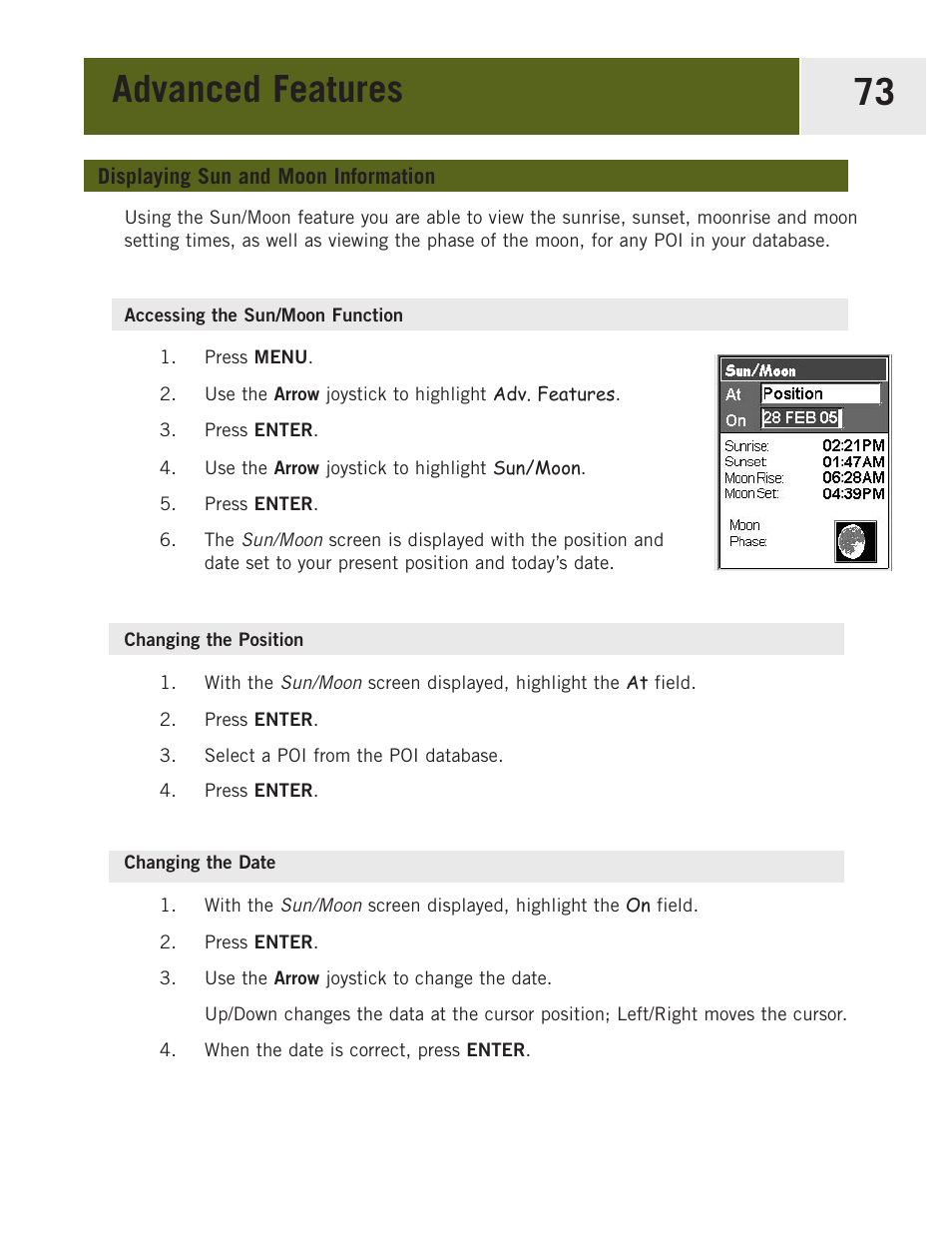 Displaying sun and moon information, Accessing the sun/moon function, Changing the position | Changing the date, Advanced features 73 | Magellan eXplorist 400 User Manual | Page 80 / 119