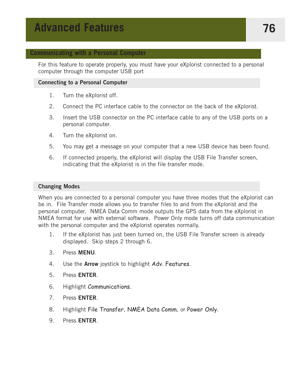 Communicating with a personal computer, Connecting to a personal computer, Changing modes | Advanced features 76 | Magellan eXplorist 400 User Manual | Page 83 / 119