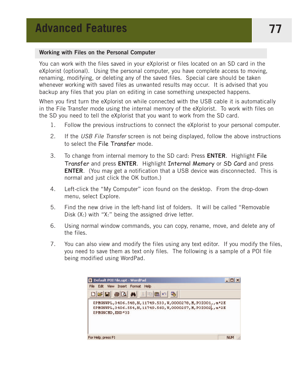 Working with files on the personal computer, Advanced features 77 | Magellan eXplorist 400 User Manual | Page 84 / 119