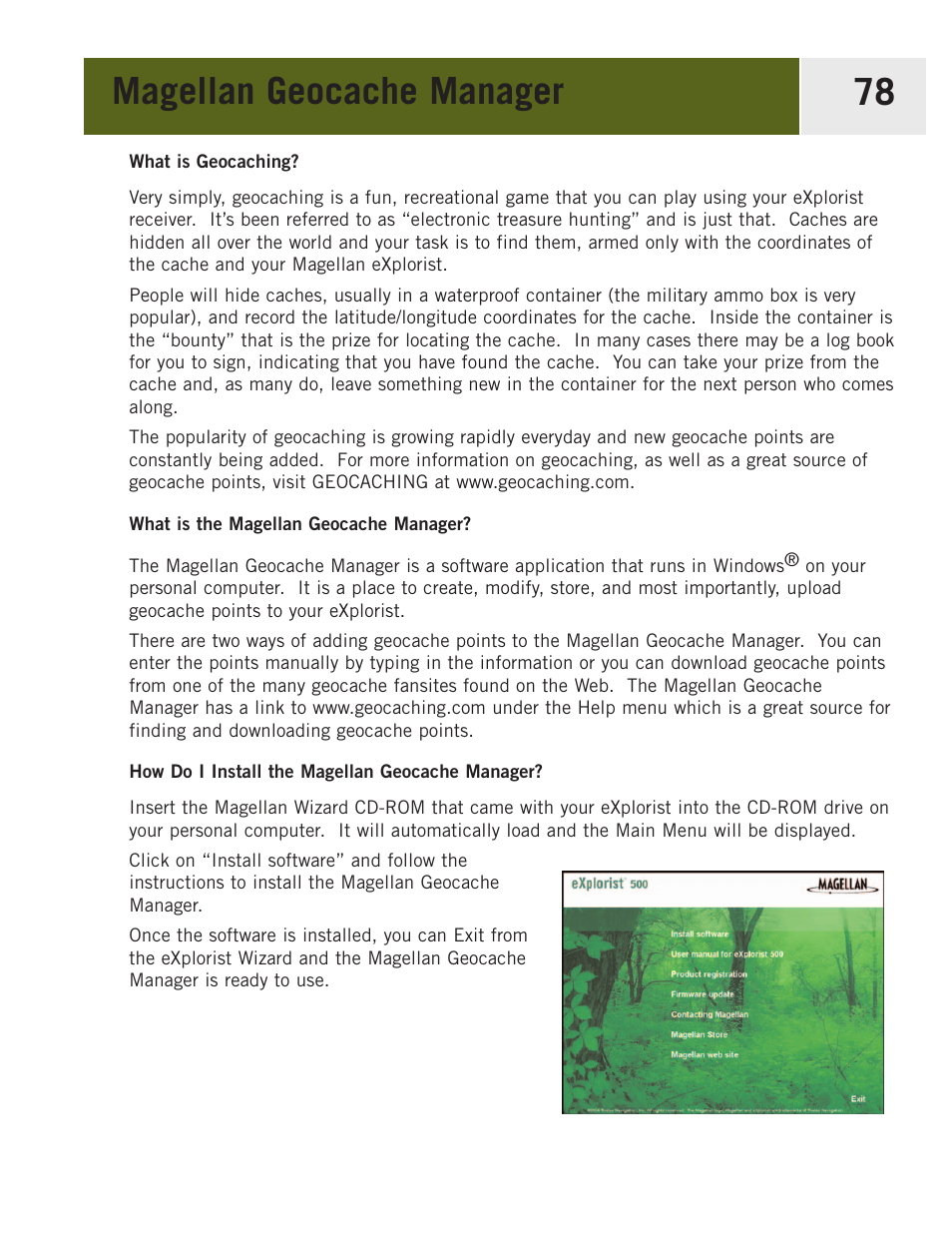 Magellan geocache manager, What is geocaching, What is the magellan geocache manager | How do i install the magellan geocache manager | Magellan eXplorist 400 User Manual | Page 85 / 119