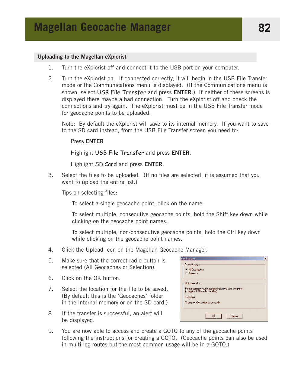 Uploading to the magellan explorist, Magellan geocache manager 82 | Magellan eXplorist 400 User Manual | Page 89 / 119