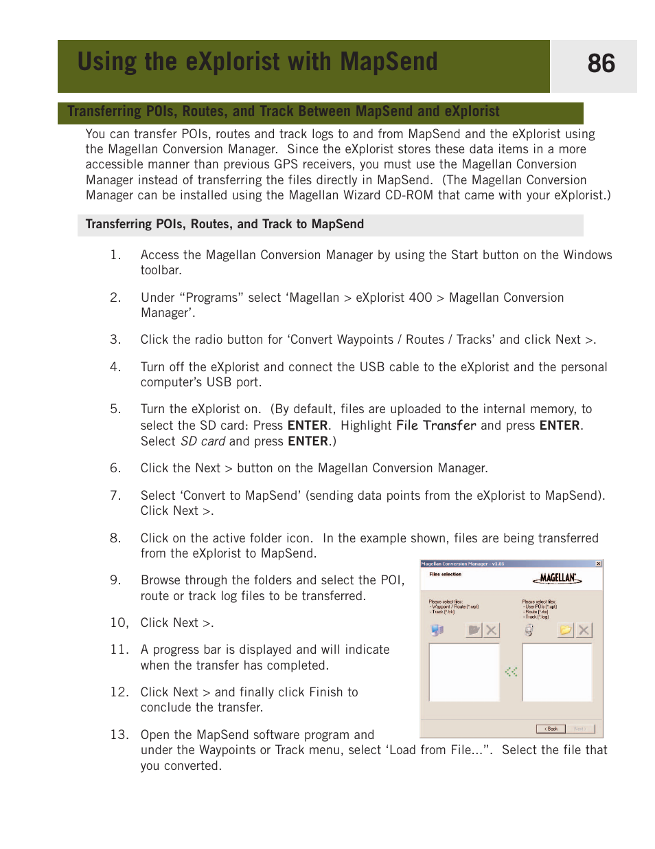 Transferring pois, routes, and track to mapsend, Using the explorist with mapsend 86 | Magellan eXplorist 400 User Manual | Page 93 / 119