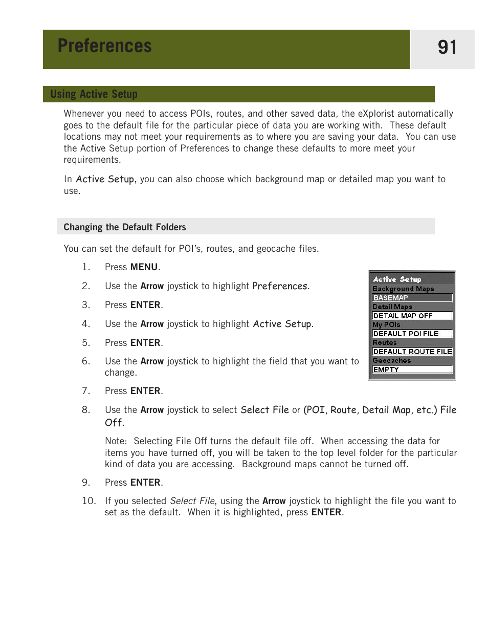 Using active setup, Changing the default folders, Changing the default files | Preferences 91 | Magellan eXplorist 400 User Manual | Page 98 / 119