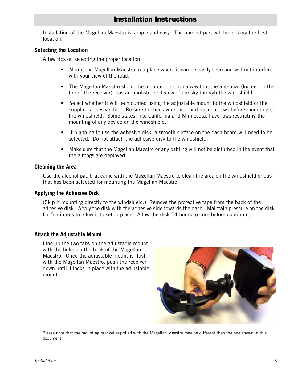 Installation instructions, Selecting the location, Cleaning the area | Applying the adhesive disk, Attach the adjustable mount, Installation instructions 3, Selecting the location 3, Cleaning the area 3, Applying the adhesive disk 3, Attach the adjustable mount 3 | Magellan 3140 User Manual | Page 12 / 67
