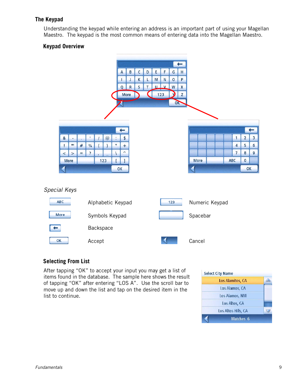 The keypad, Special keys, The keypad 9 | Special keys 9 | Magellan 3140 User Manual | Page 18 / 67