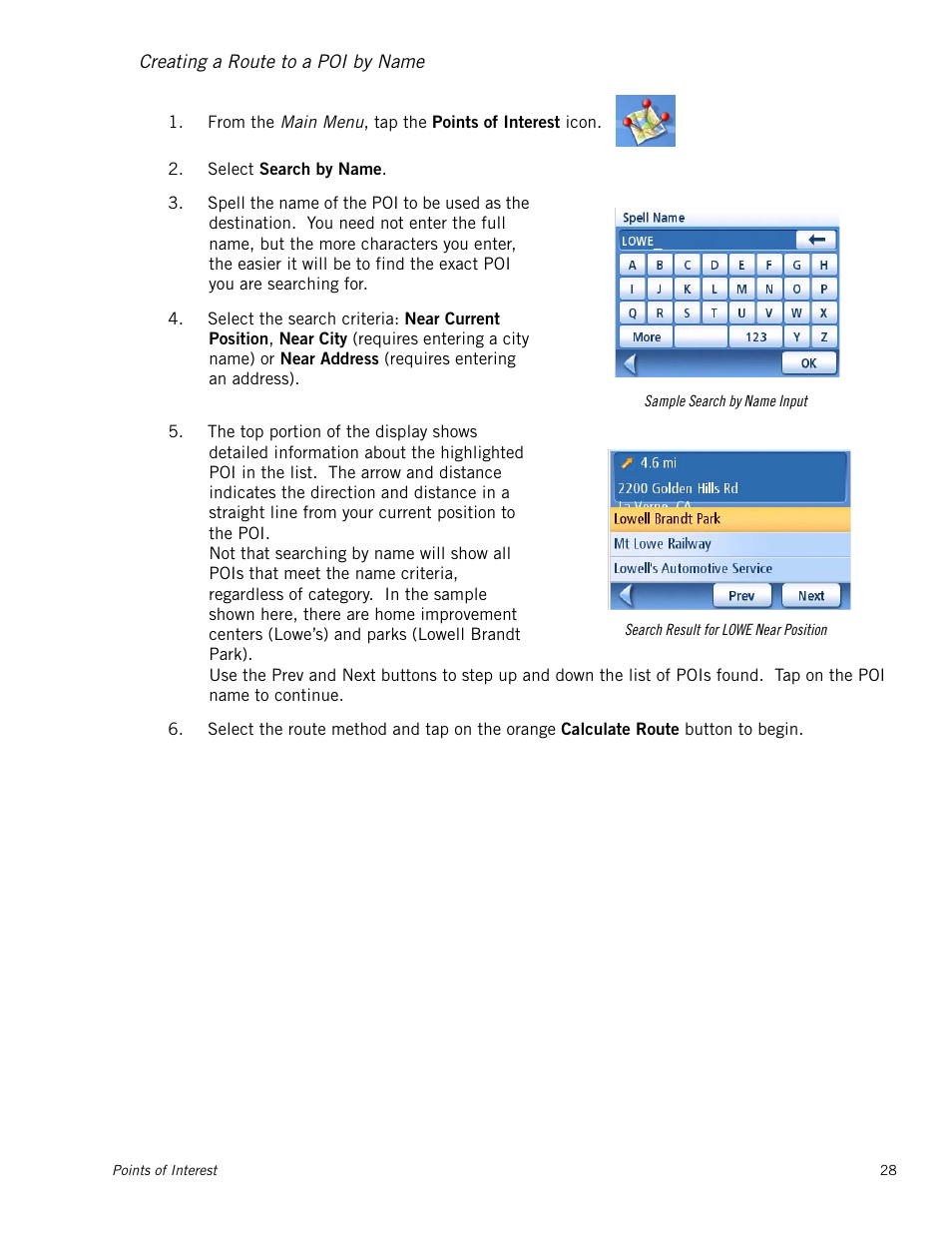 Creating a route to a poi by name, Creating a route to a poi by name 28 | Magellan 3140 User Manual | Page 37 / 67