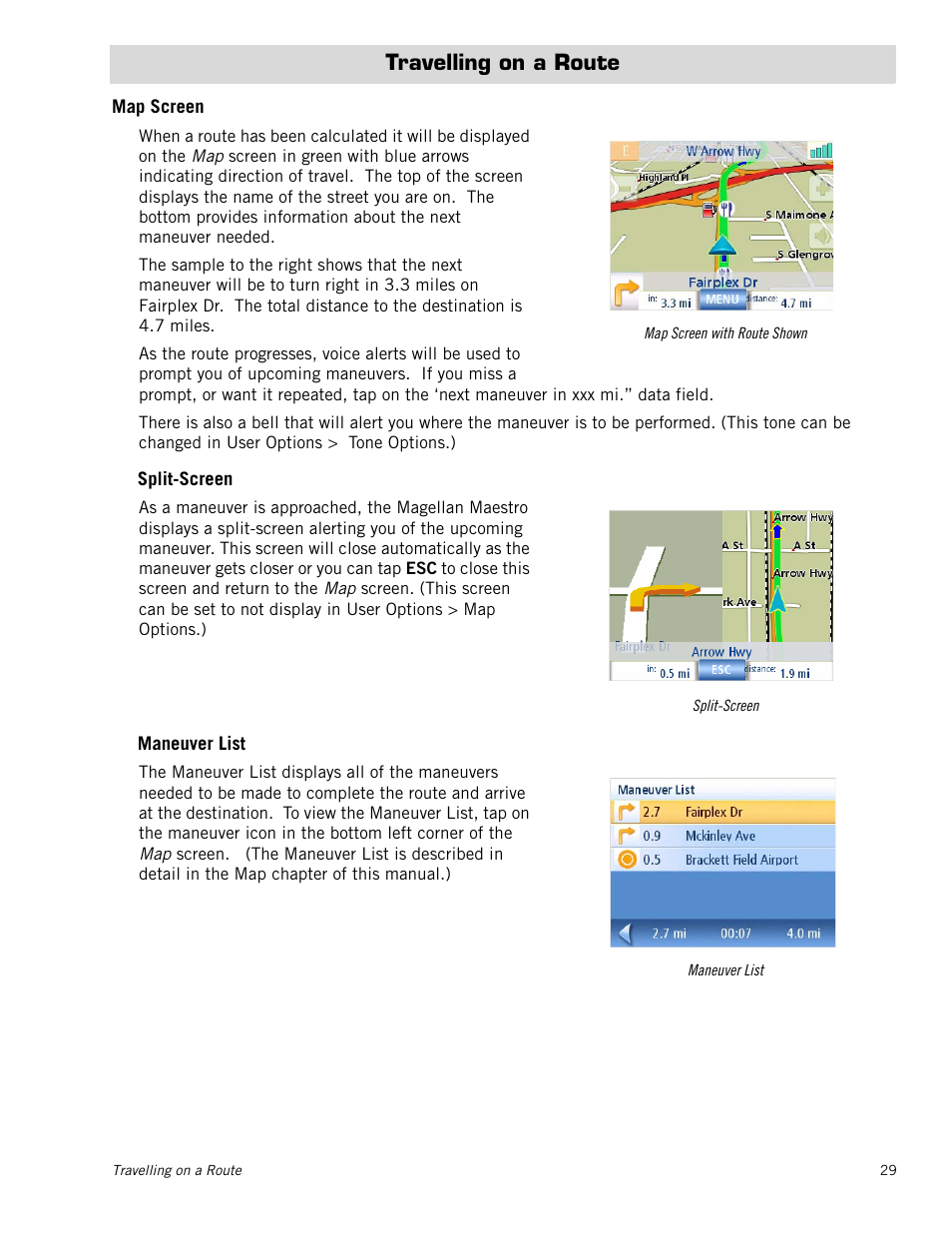Travelling on a route, Map screen, Travelling on a route 29 | Map screen 29 | Magellan 3140 User Manual | Page 38 / 67