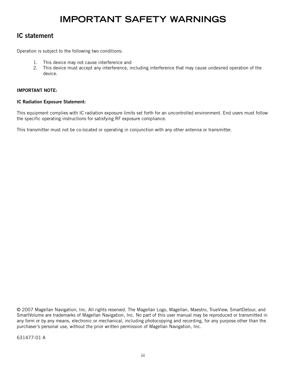 Important safety warnings, Ic statement | Magellan 3140 User Manual | Page 4 / 67