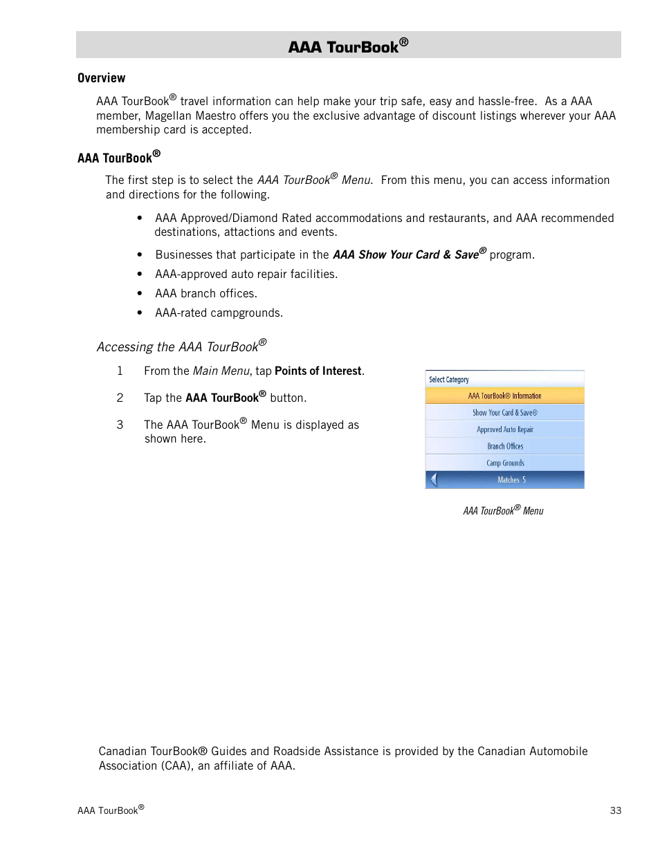 Aaa tourbook, Overview, Accessing the aaa tourbook | Aaa tourbook® 33, Overview 33, Accessing the aaa tourbook® 33 | Magellan 3140 User Manual | Page 42 / 67