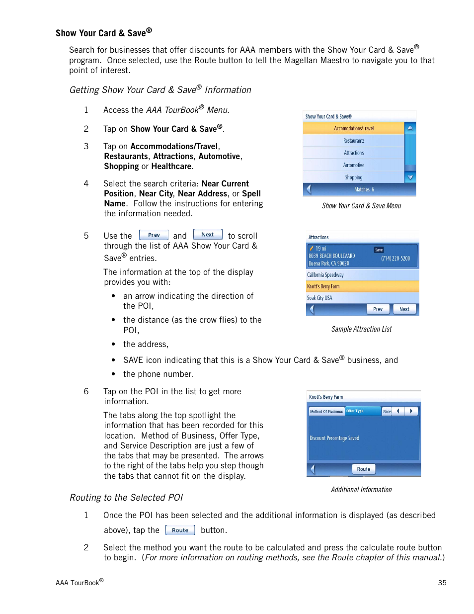 Show your card & save, Getting show your card & save® information, Routing to the selected poi | Show your card & save® 35, Getting show your card & save, Routing to the selected poi 35 | Magellan 3140 User Manual | Page 44 / 67