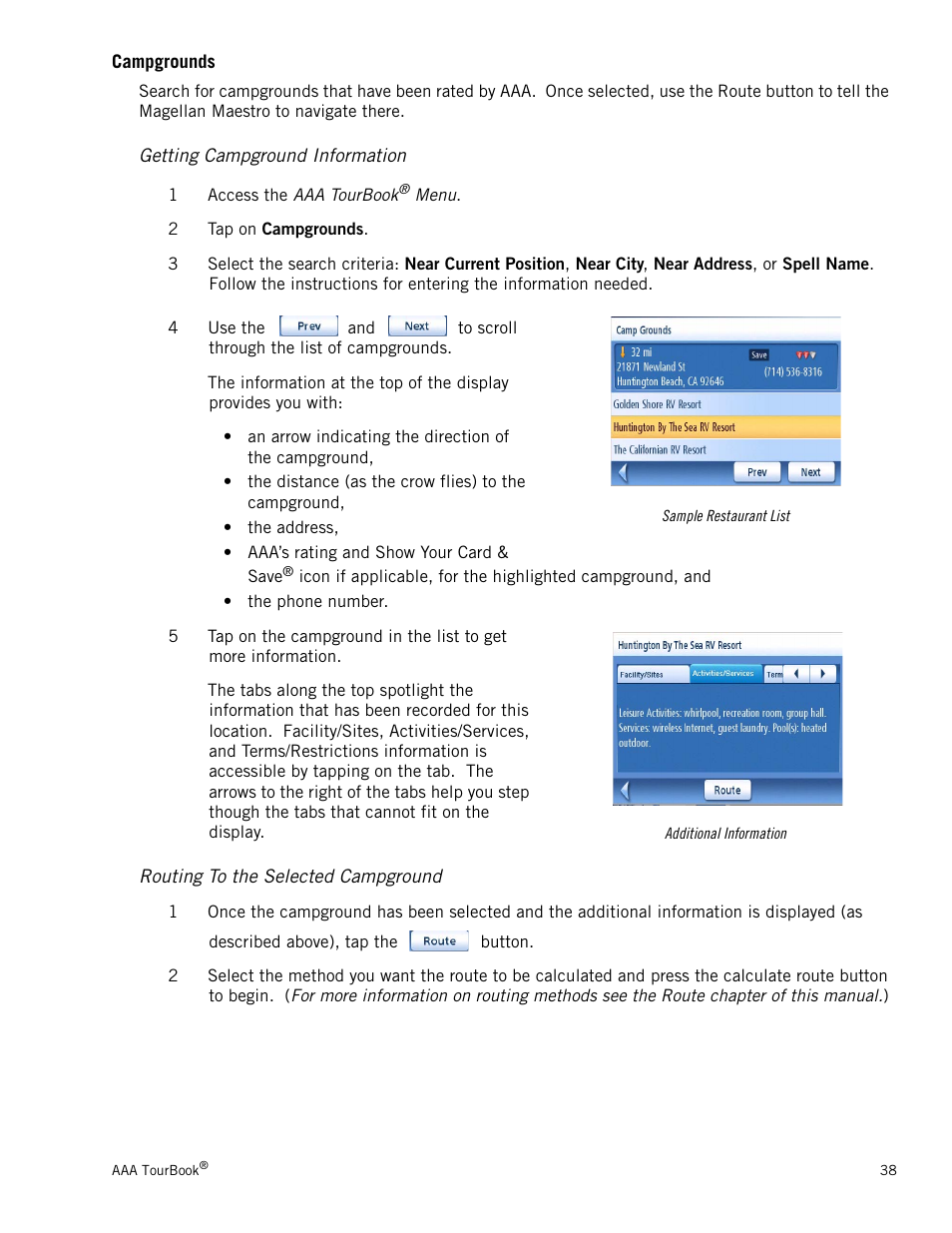 Campgrounds, Getting campground information, Routing to the selected campground | Campgrounds 38, Getting campground information 38, Routing to the selected campground 38 | Magellan 3140 User Manual | Page 47 / 67