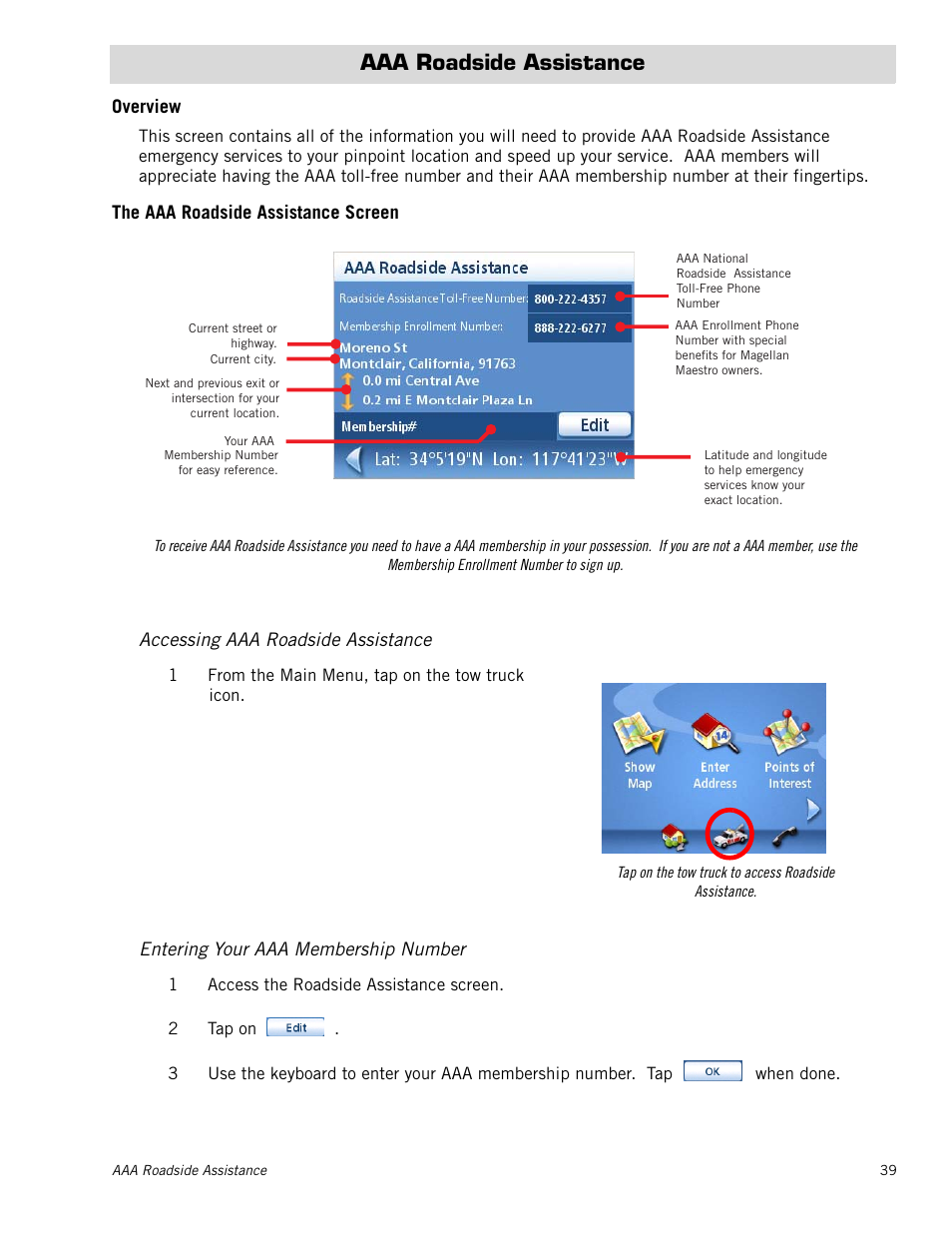 Aaa roadside assistance, Overview, The aaa roadside assistance screen | Accessing aaa roadside assistance, Entering your aaa membership number, Aaa roadside assistance 39, Overview 39, The aaa roadside assistance screen 39, Accessing aaa roadside assistance 39, Entering your aaa membership number 39 | Magellan 3140 User Manual | Page 48 / 67