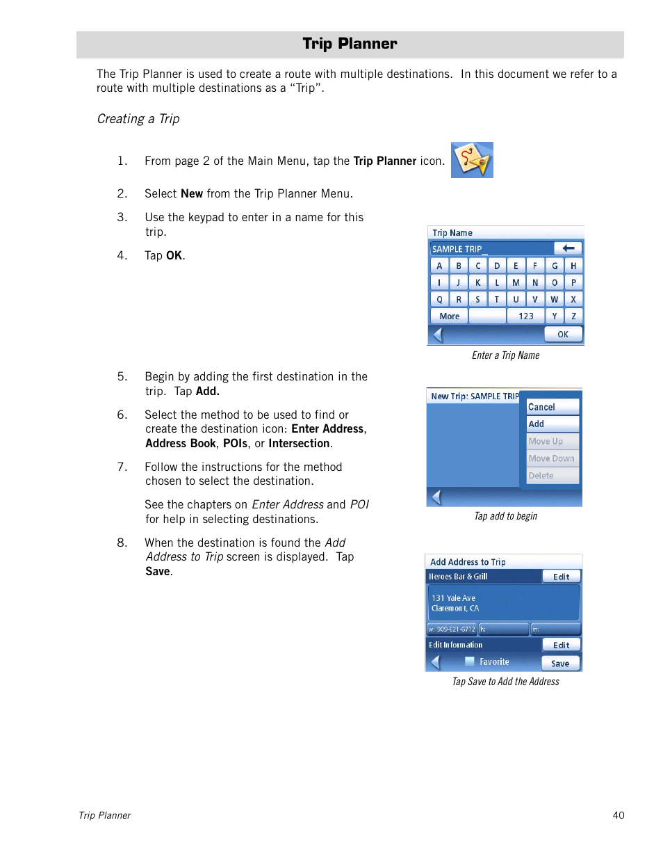 Trip planner, Creating a trip, Trip planner 40 | Creating a trip 40 | Magellan 3140 User Manual | Page 49 / 67