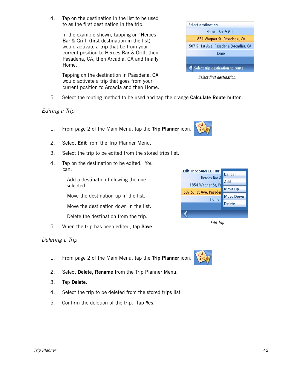 Editing a trip, Deleting a trip, Editing a trip 42 | Deleting a trip 42 | Magellan 3140 User Manual | Page 51 / 67