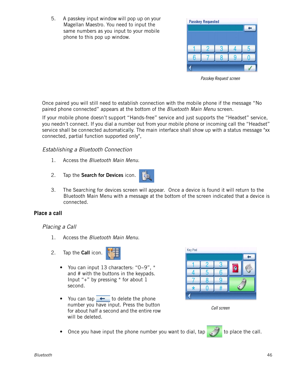 Establish connection, Establishing a bluetooth connection, Place a call | Placing a call, Establish connection 46, Establishing a bluetooth connection 46, Place a call 46, Placing a call 46 | Magellan 3140 User Manual | Page 55 / 67