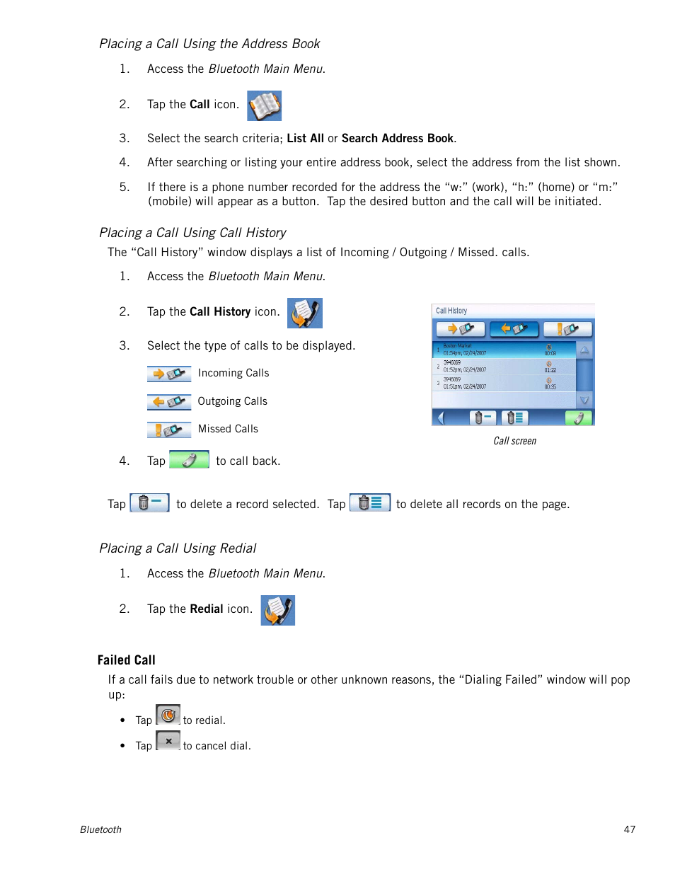Placing a call using the address book, Placing a call using call history, Placing a call using redial | Placing a call using the address book 47, Placing a call using call history 47, Placing a call using redial 47 | Magellan 3140 User Manual | Page 56 / 67