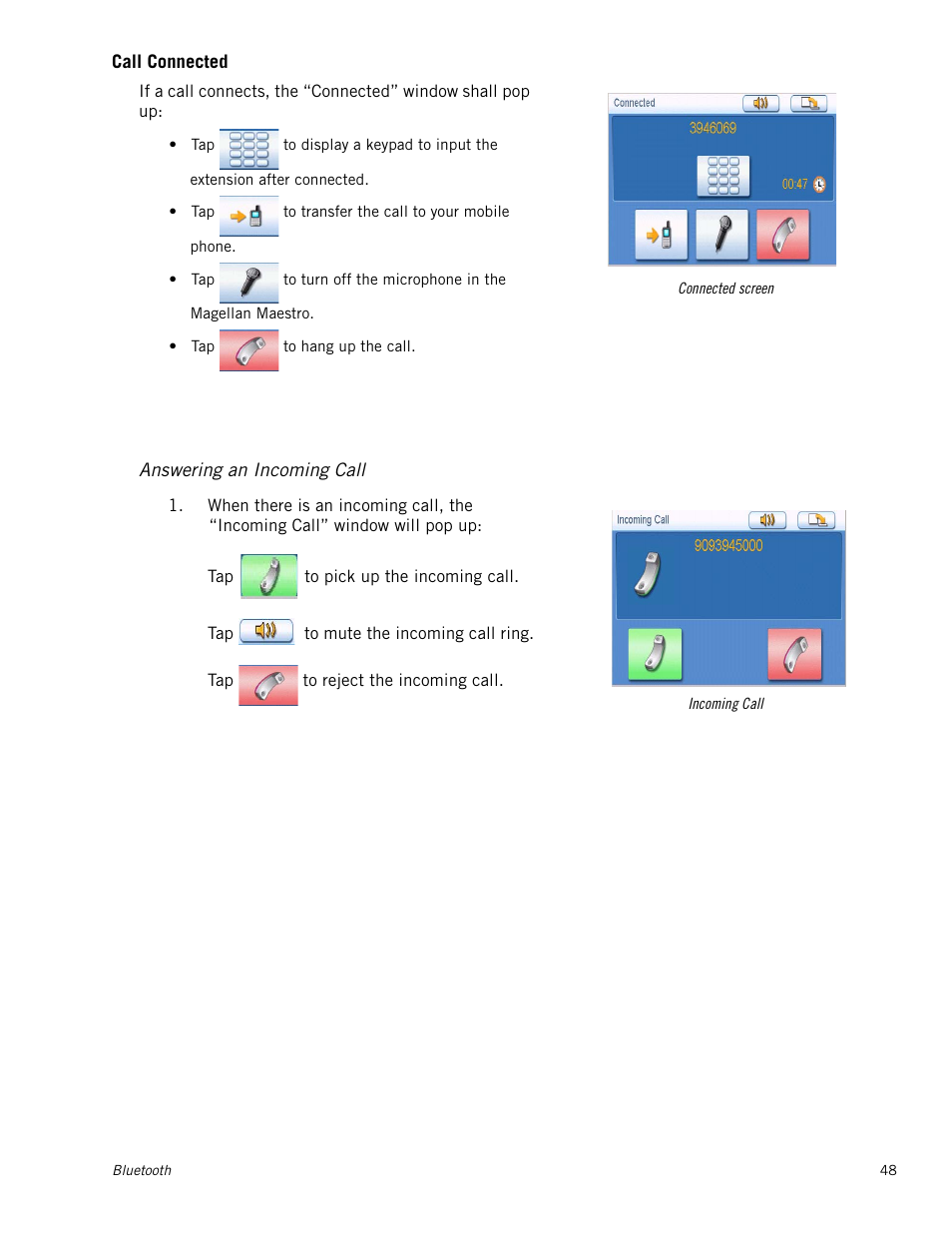 Call connected, Incoming call, Answering an incoming call | Call connected 48, Incoming call 48, Answering an incoming call 48 | Magellan 3140 User Manual | Page 57 / 67