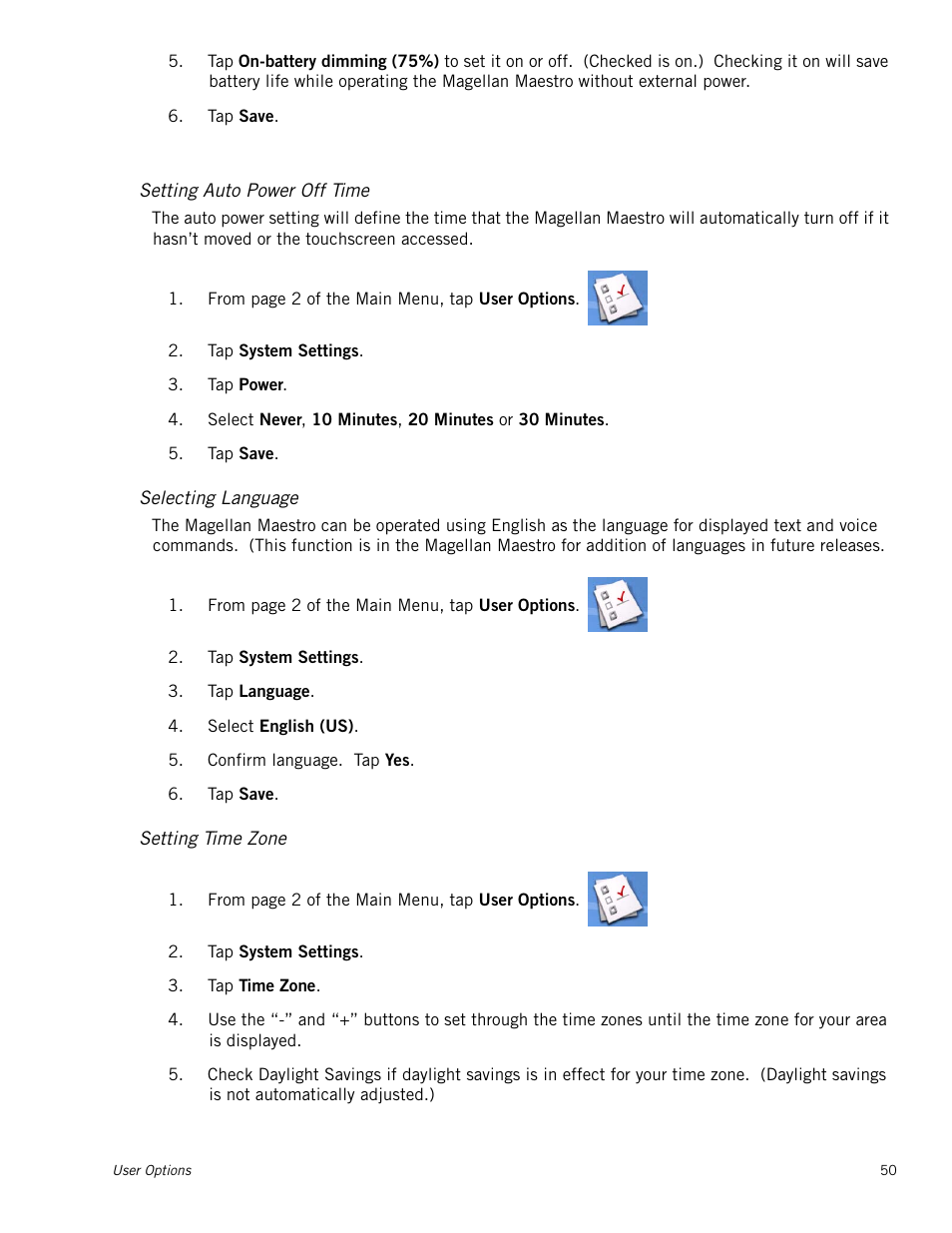 Setting auto power off time, Selecting language, Setting time zone | Setting auto power off time 50, Selecting language 50, Setting time zone 50 | Magellan 3140 User Manual | Page 59 / 67