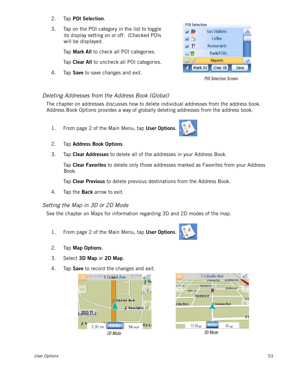 Deleting addresses from the address book (global), Setting the map in 3d or 2d mode, Setting the map in 3d or 2d mode 53 | Magellan 3140 User Manual | Page 62 / 67