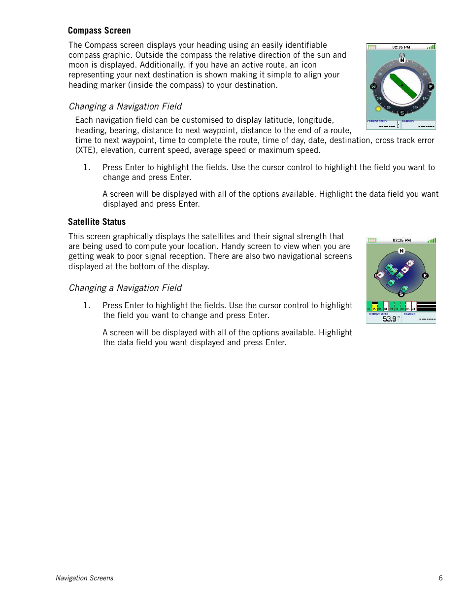 Changing a navigation field, Compass screen, Satellite status | Magellan Triton 300 User Manual | Page 13 / 30