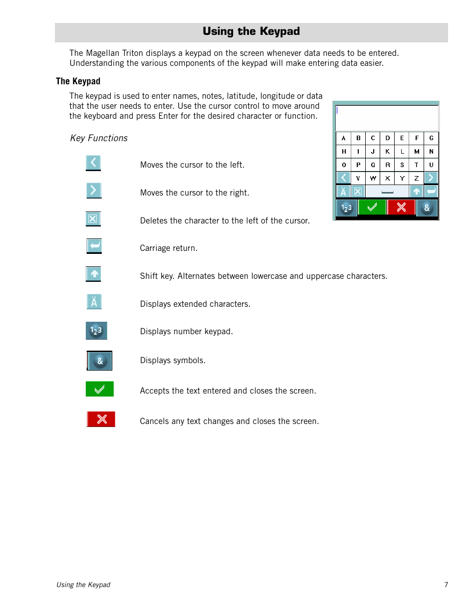 Using the keypad, The keypad, Key functions | Magellan Triton 300 User Manual | Page 14 / 30