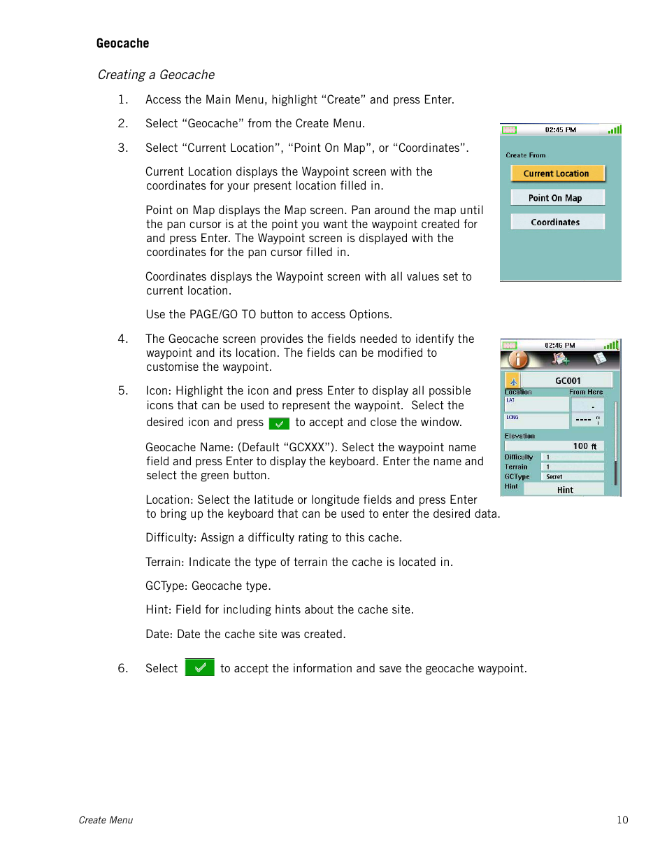 Creating a geocache, Geocache | Magellan Triton 300 User Manual | Page 17 / 30