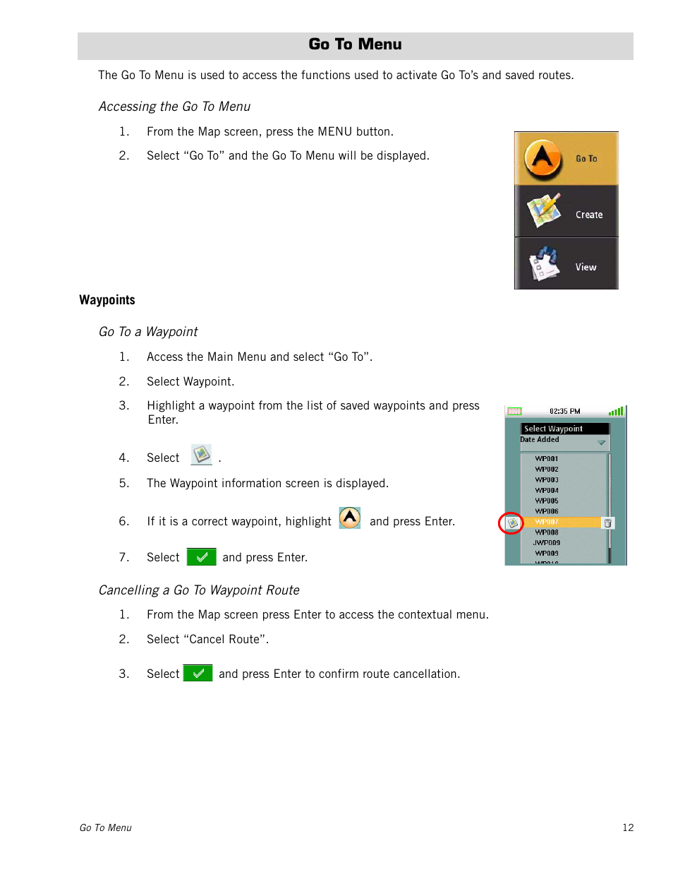 Go to menu, Accessing the go to menu, Waypoints | Go to a waypoint, Cancelling a go to waypoint route | Magellan Triton 300 User Manual | Page 19 / 30