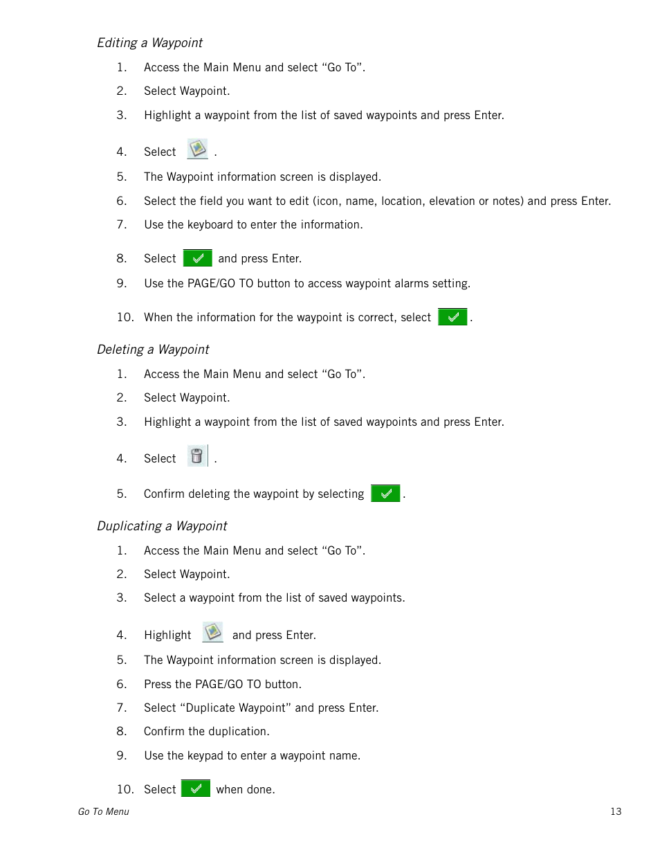 Editing a waypoint, Deleting a waypoint, Duplicating a waypoint | Magellan Triton 300 User Manual | Page 20 / 30