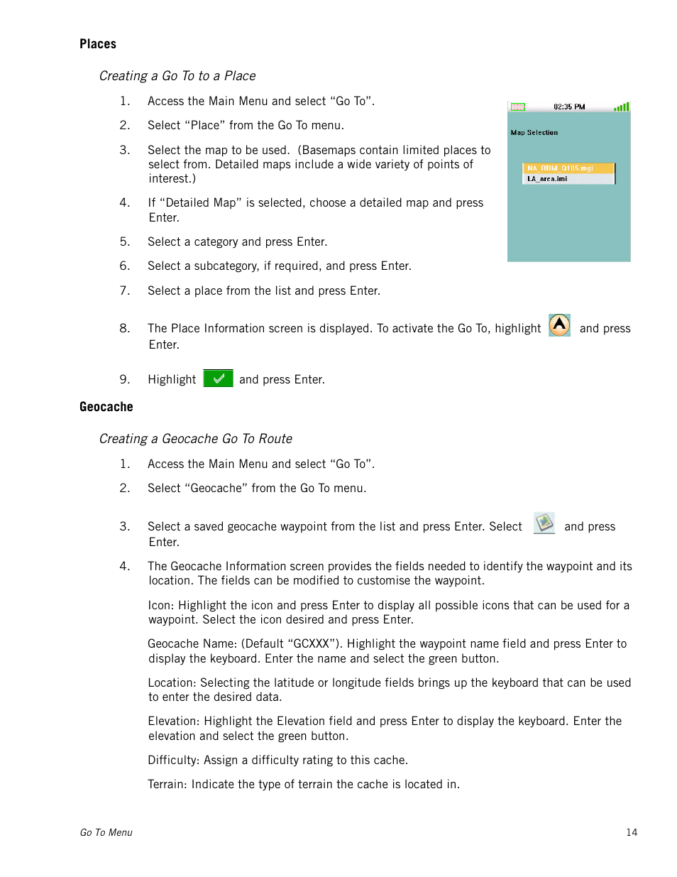 Places, Creating a go to to a place, Geocache | Creating a geocache go to route | Magellan Triton 300 User Manual | Page 21 / 30
