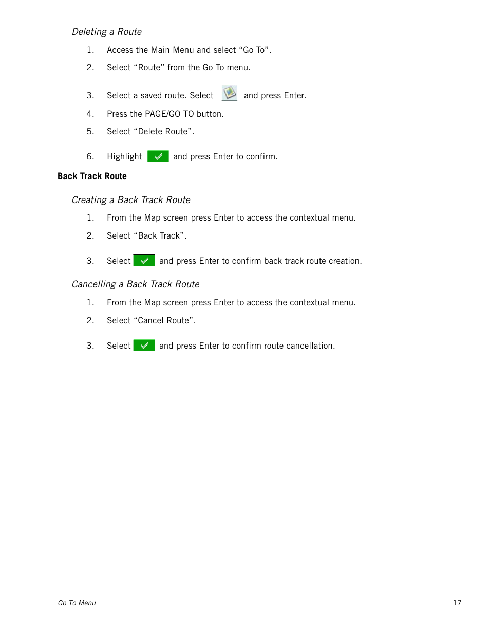 Deleting a route, Back track route, Creating a back track route | Cancelling a back track route | Magellan Triton 300 User Manual | Page 24 / 30