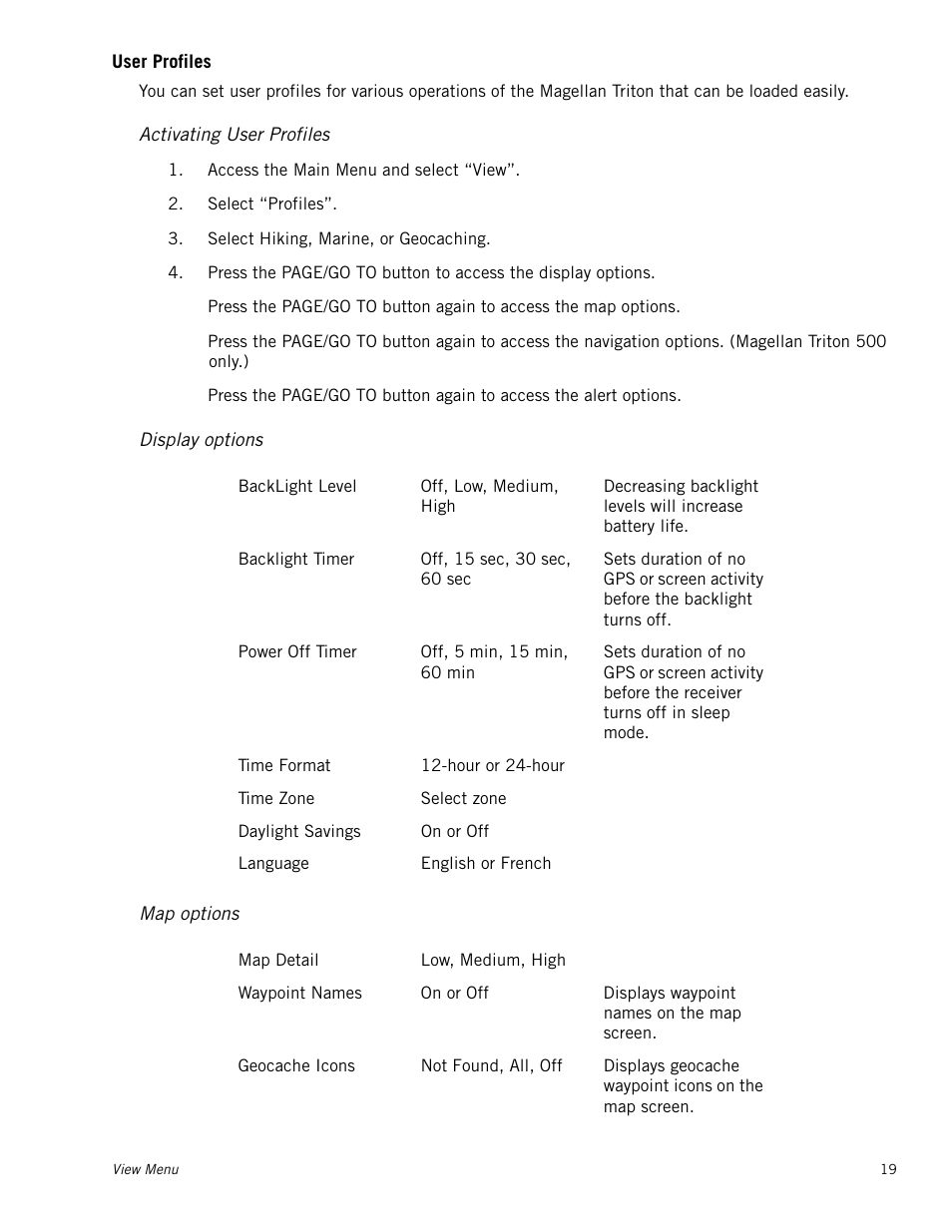 User profiles, Activating user profiles, Display options | Map options | Magellan Triton 300 User Manual | Page 26 / 30