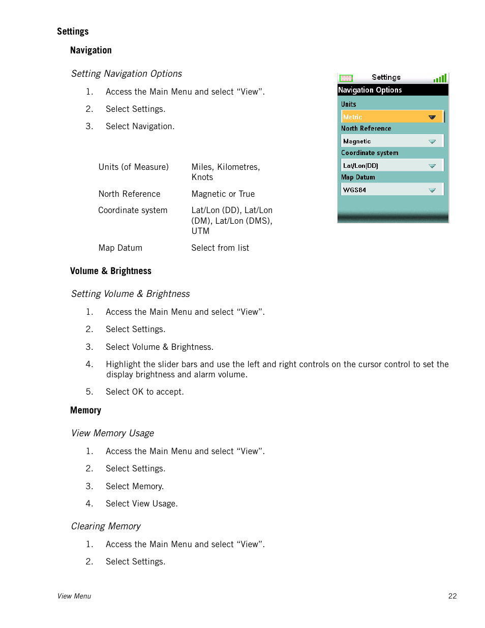 Settings, Setting navigation options, Setting volume & brightness | View memory usage, Clearing memory, Navigation, Volume & brightness, Memory | Magellan Triton 300 User Manual | Page 29 / 30