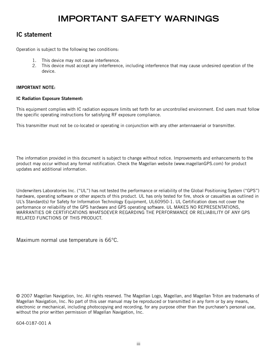 This device may not cause interference, Important safety warnings, Ic statement | Magellan Triton 300 User Manual | Page 4 / 30