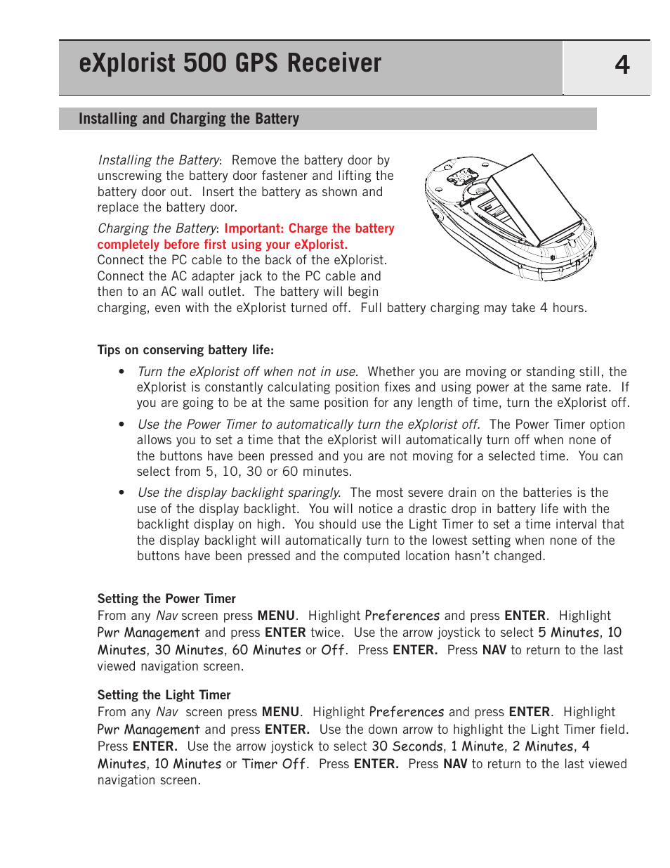 Installing/charging the battery, Installing and charging the battery, Explorist 500 gps receiver 4 | Magellan 500 User Manual | Page 11 / 119