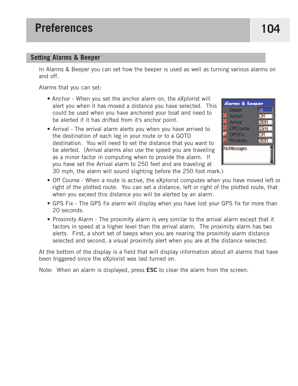 Setting alarms and beeper, Selecting the north reference, Setting alarms & beepers | Preferences 104 | Magellan 500 User Manual | Page 111 / 119