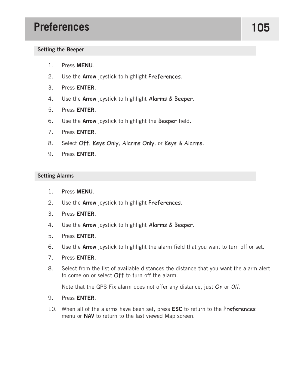 Setting the beeper, Setting alarms, Preferences 105 | Magellan 500 User Manual | Page 112 / 119