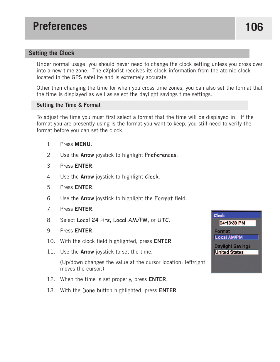 Setting the clock, Setting the time & format, Preferences 106 | Magellan 500 User Manual | Page 113 / 119