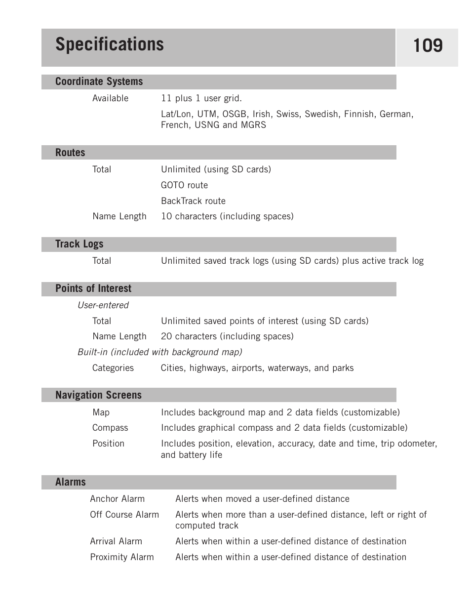 Specifications 109 | Magellan 500 User Manual | Page 116 / 119